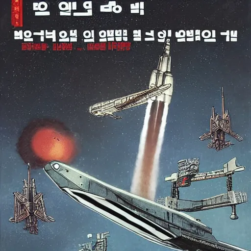 Prompt: [North Korean spaceship, poster, very detailed, cinematic lighting, matte, sharp, photography, art by enki bilal]