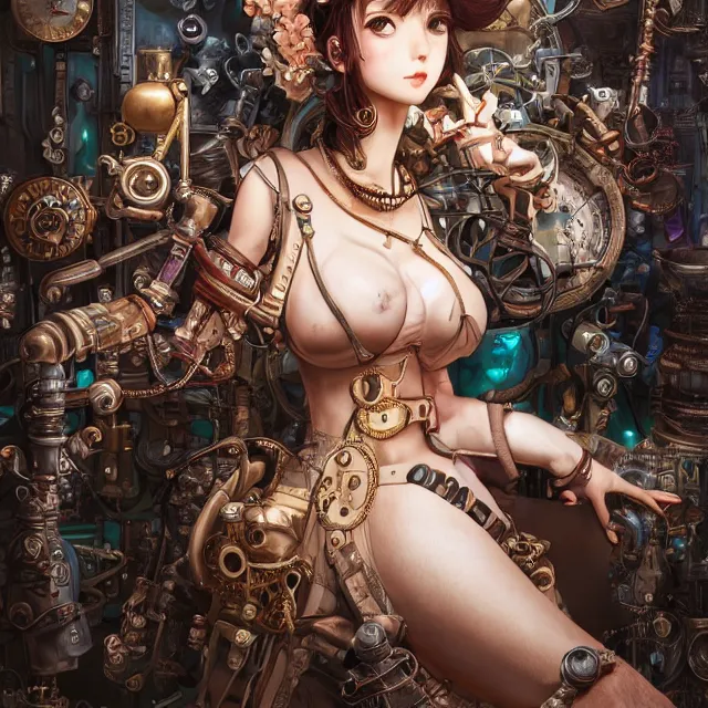 Image similar to the portrait of true neutral semi - colorful female steampunk mechanist as absurdly beautiful, gorgeous, elegant, young gravure idol, an ultrafine hyperdetailed illustration by kim jung gi, irakli nadar, intricate linework, bright colors, octopath traveler, final fantasy, unreal engine 5 highly rendered, global illumination, radiant light, detailed and intricate environment