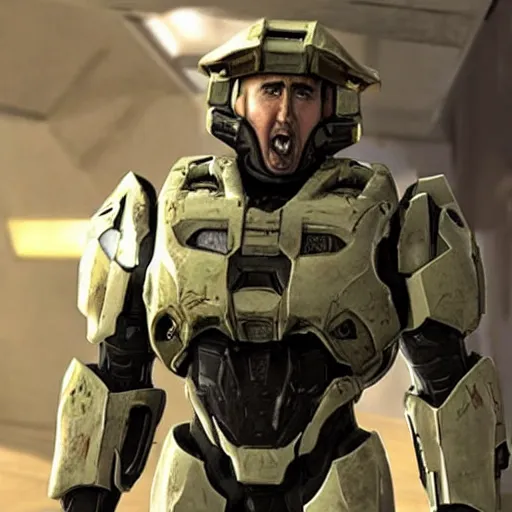 Prompt: nicholas cage screaming in halo power armor. photo realistic.