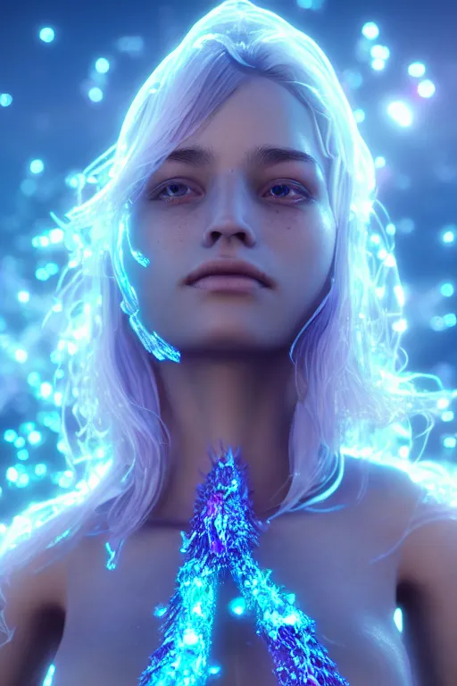 Prompt: a beautiful girl from whose body mineral crystals grow, biopunk, in full growth, magical crystals, smoky crystals, translucent crystals, luminous sparkling crystals, many details, 3 d, cinematic, hyper realism, high detail, octane render