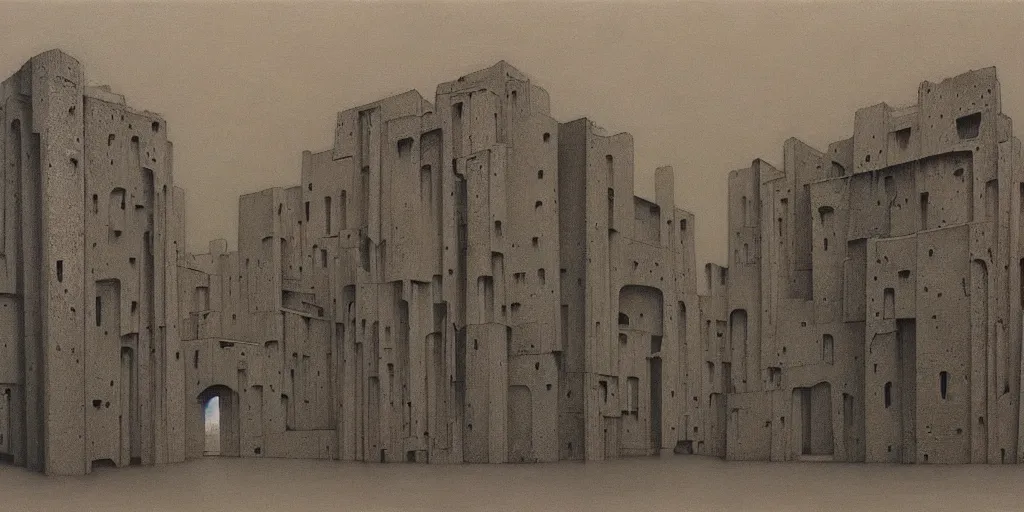 Image similar to confusing architecture painted by zdzisław beksinski