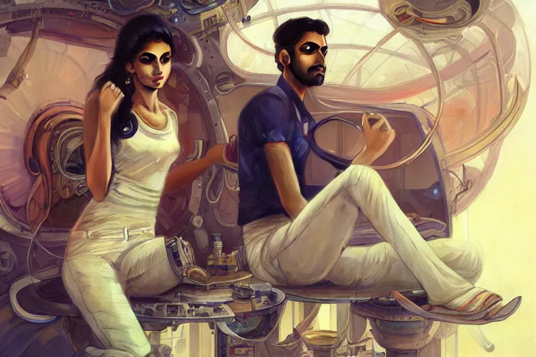 Prompt: Sensuous good looking pale young Indian doctors wearing jeans in a space station above Earth, portrait, elegant, intricate, digital painting, artstation, concept art, smooth, sharp focus, illustration, art by artgerm and greg rutkowski and alphonse mucha