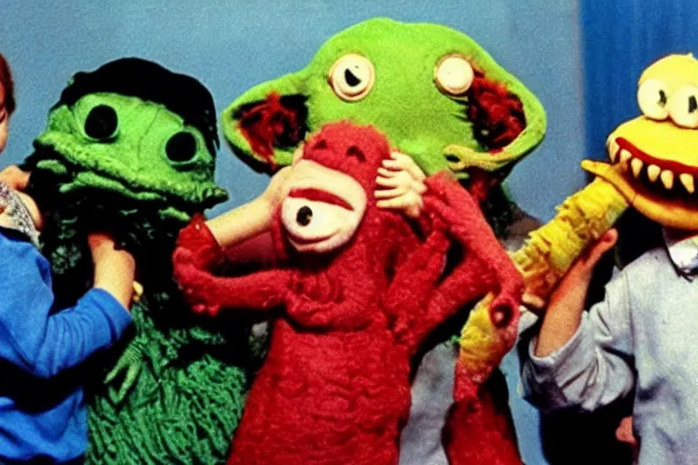 Prompt: full color frame from a live action 1972 kids show with Cthulhu, sad cheese puppet, and the friends having a tickle party, horror, grunge, upsetting