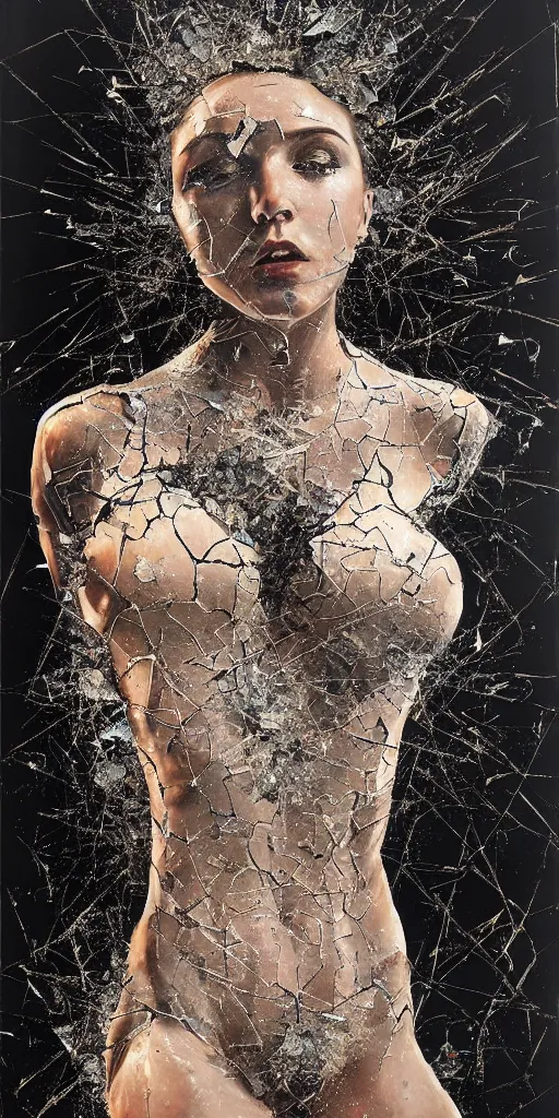 Prompt: shattered glass, the figure of a beautiful woman, human body, explosive, shards, highly detailed, hyper realism