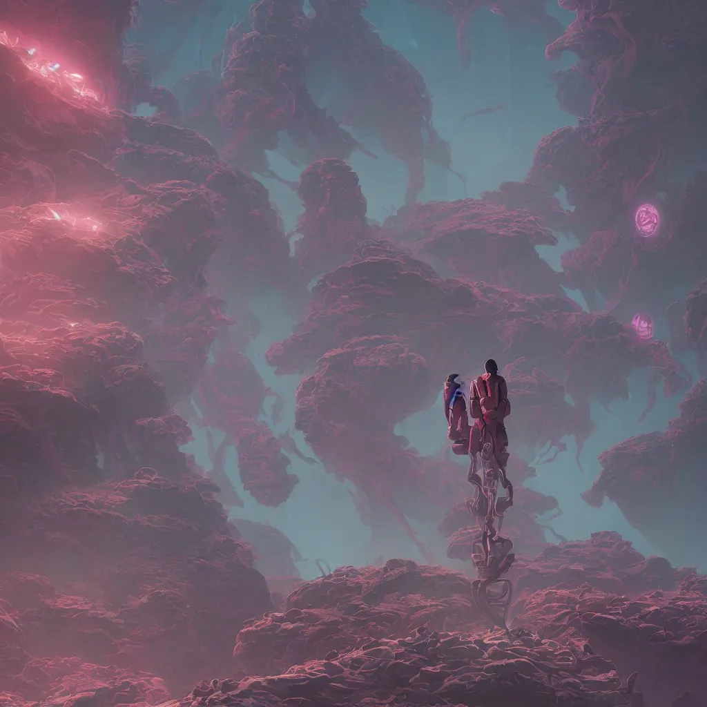 Prompt: a twisted rose person standing on an alien planet by roxie vizcarra and frank stockton and greg rutkowski mike winkelmann and tomer hanuka, dramatic composition, futuristic, bright colors, visceral, psychedelic, global illumination, masterpiece, cinematic