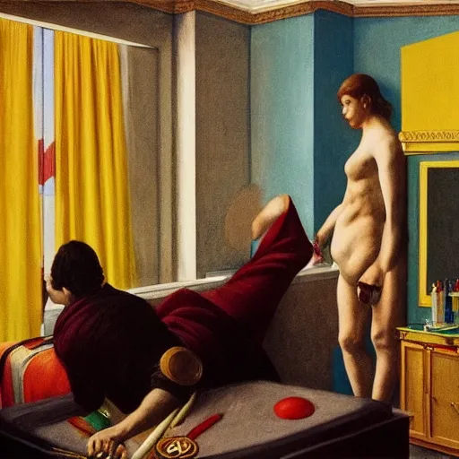 Image similar to fight between greeks gods in an hotel room, hyperrealistic film still by edward hopper, by gottfried helnwein, by klimt, by paolo uccello, art nouveau, highly detailed, strong lights, liminal, eerie, bright pastel colors,