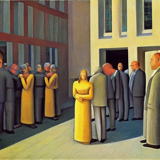 Prompt: public trial in a courtyard, grant wood, pj crook, edward hopper, oil on canvas