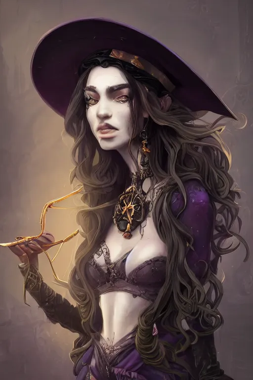 Image similar to an insanely detailed close up portrait of a beautiful witch standing in an alchemy lab, long purple hair, tightly fitting black ornate dress and black witch hat, in the style of peter mohrbacher, artgerm, dramatic lighting and composition, octane render, trending on artstation, concept art 8 k