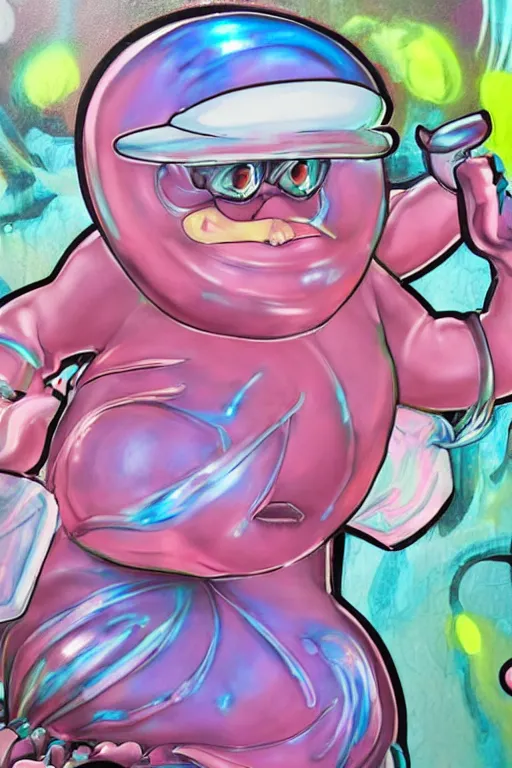 Image similar to a fat jelly super detailed anime character with fluo color detail, and muted arm colors, that looks like a insect, on top of a painting of plastic synthetic ionized metal flower sculptures