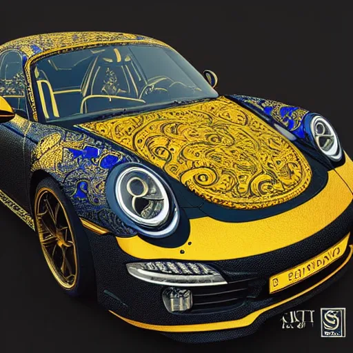 Image similar to black blue yellow porsche 9 1 1, complicated gold and blue flowers the baroque style decoration, dark fantasy, intricate, elegant, highly detailed, digital painting, artstation, concept art, matte, 3 d 8 k octane rendered, sharp focus, illustration, octane rendered, art by artgerm