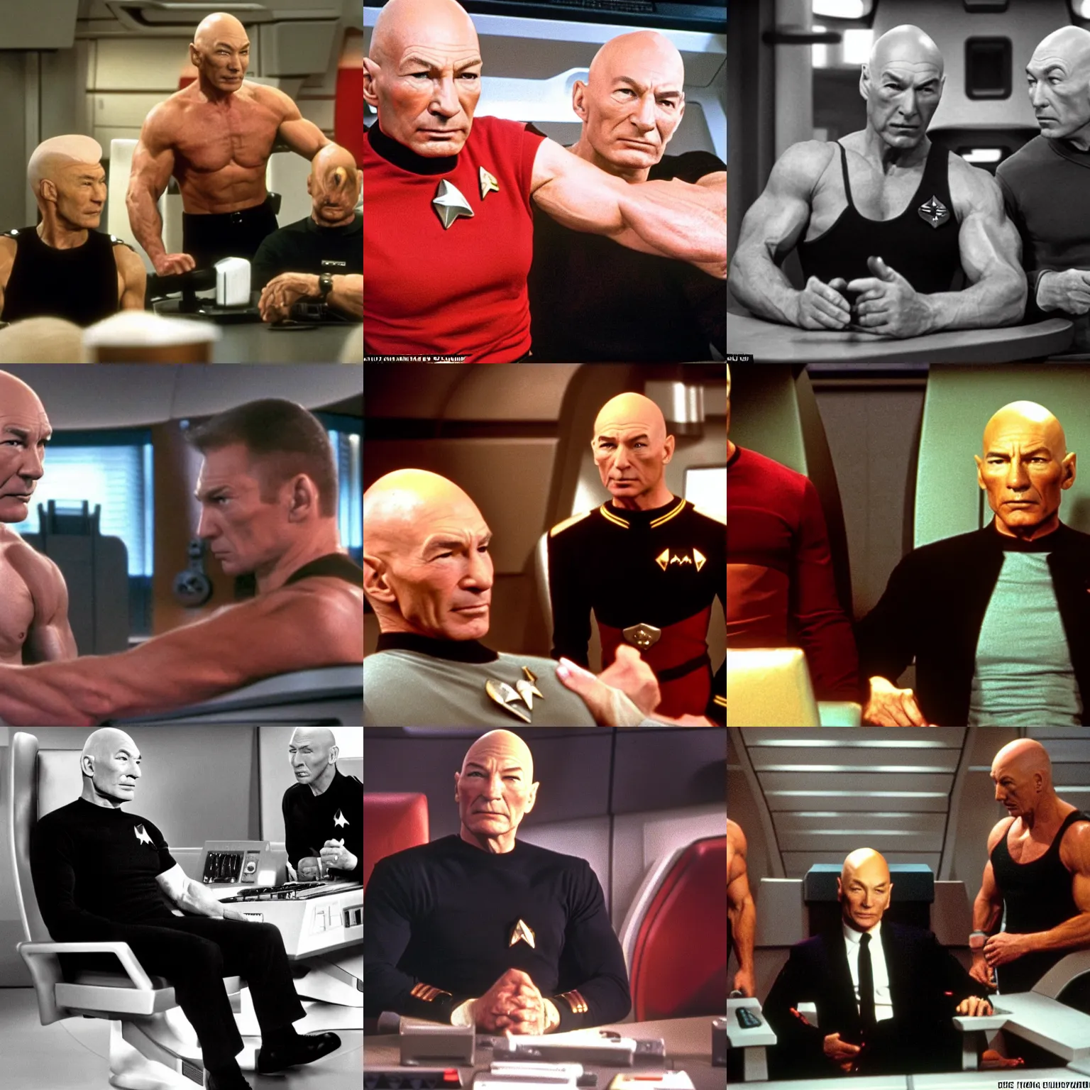 Prompt: strong muscled patrick stewart as jean - luc picard sitting on the captains chair screaming orders, start trek enterprise