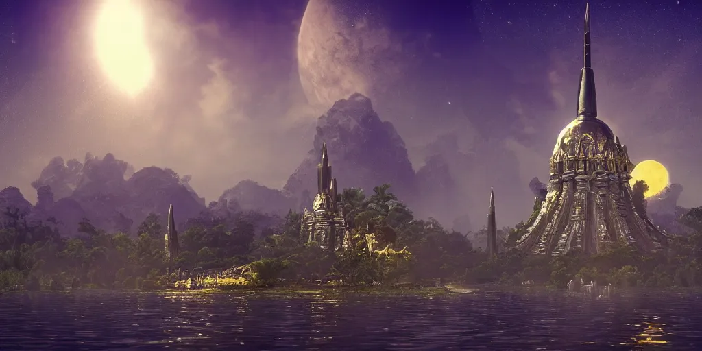 Image similar to a big gold and silver alien temple, with two spires, 6 floors tall, a lake surrounding it, clear lavender sky, three moons and rings in the horizon, lush vegetation, flowers, 8 k, cinematic, artstation, tom badshaw