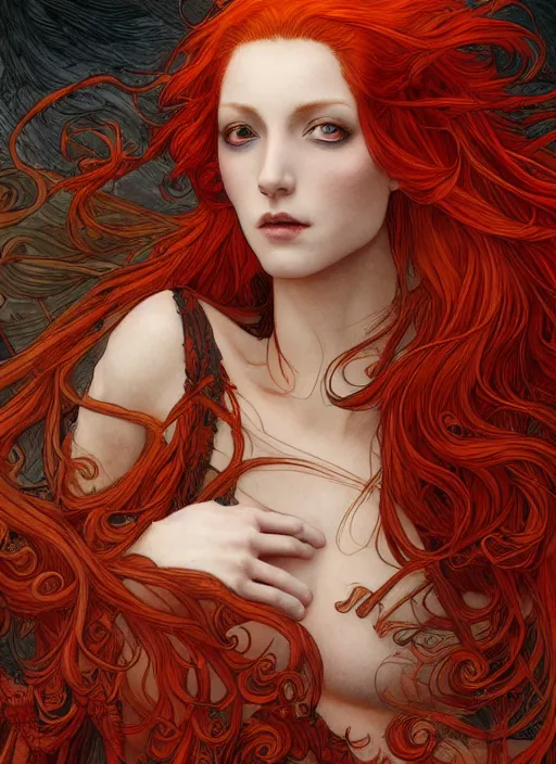 Image similar to dramatic ethereal full length illustration of a beautiful red hair woman in the art style of Eric Fortune and Rebecca Guay, not realistic, sharp focus, 8k high definition, insanely detailed, intricate, elegant