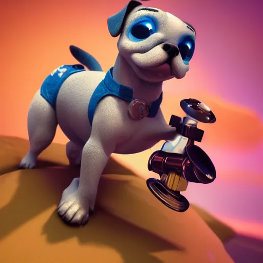 Image similar to dog character 1 1, small puppy, rich dog, high quality image, smart dog, dog with gun, 3 d render, dog in mountain, soft, concept art, intricate details, highly detailed, colorful, photorealistic, disney pixar, octane render, iridescent, anime, 8 k