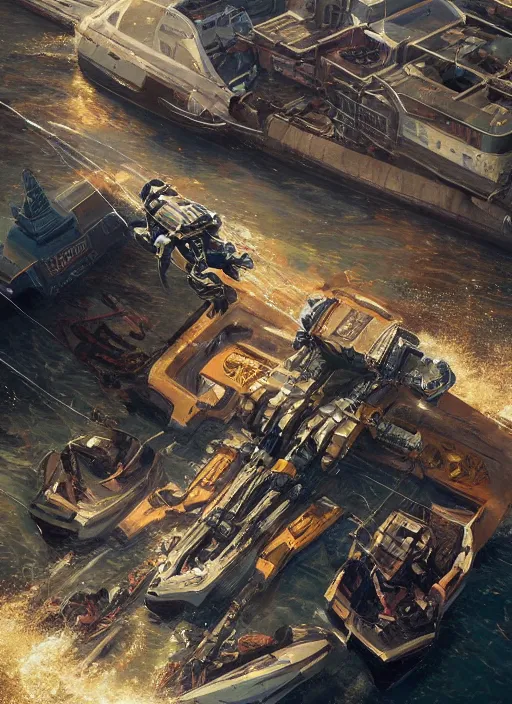 Image similar to hyper realistic robot attacking cape town city harbor beautiful details, strong composition, poster painted by greg rutkowski, james gurney and greg rutkowski weta studio, and lucasfilm and best of artstation