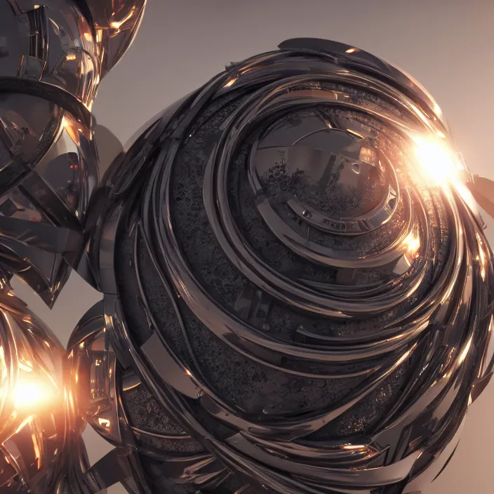 Image similar to the sun surrounded by metal. high tech. octane render, trending on artstation, very coherent symmetrical artwork. cinematic, hyper realism, high detail, octane render, 8 k, iridescent accents