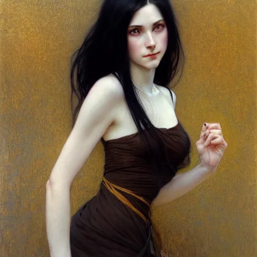 Image similar to Portrait of a beautiful, pale skin, female with long black hair, dark brown eyes, gentle smiling expression, elegant clothing, photorealistic, highly detailed, artstation, smooth, sharp focus, art by Klimt, artgerm, Greg Rutkowski and Alphonse Mucha