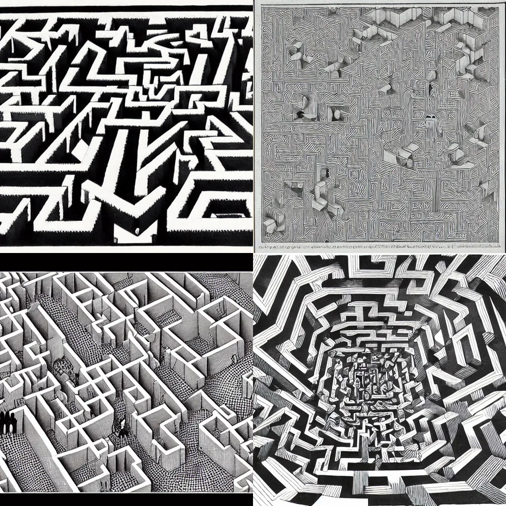 Prompt: An intricate maze with thousands people, drawn by M.C. Escher