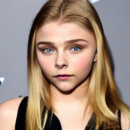 Prompt: brunette with dyed blonde hair, 21 years old, 165 cm tall, long flat blonde hair, eyes green, 30% smaller nose, smaller mouth, round shaped face, big forehead, lop eared, thin eyebrows,chloe grace moretz lookalike, real life photograph