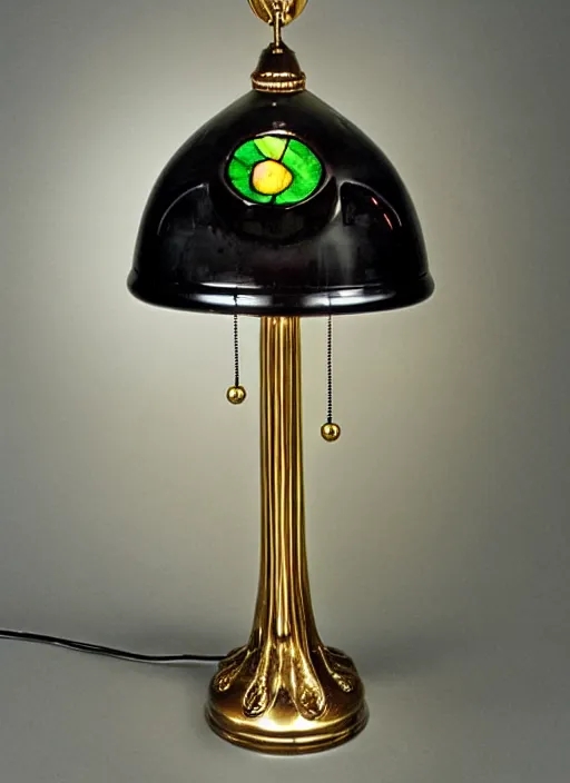 Prompt: a lamp in the shape of a cat with black accents designed by louis comfort tiffany