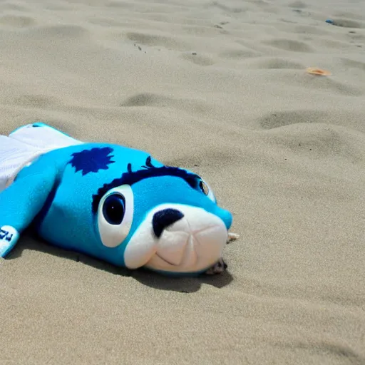 Prompt: Stitch laying on the beach.