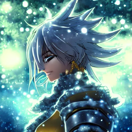 Prompt: portrait focus of knight beautiful 3D anime girl, golden armor wearing, dark forest background, snowing, bokeh, inspired by Masami Kurumada, digital painting, high contrast, unreal engine render, volumetric lighting, high détail