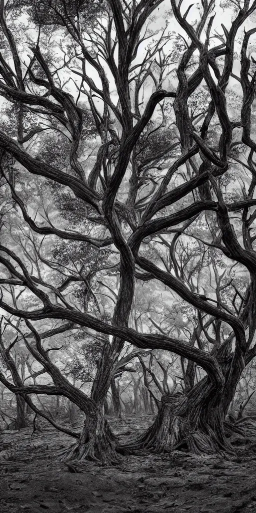 Image similar to dead old trees intricated together on a dry land,Highly Detailed, Cinematic Lighting, rim light, hyper real, black and white, photo-realistic Unreal Engine, 8K