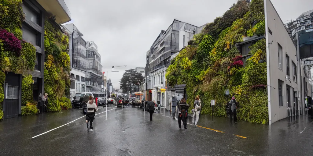 Image similar to a street in wellington new zealand where multiple buildings are covered in living walls made of endemic new zealand plant species. patrick blanc. people walking on street in raincoats. cars parked. windy rainy day. colonial houses