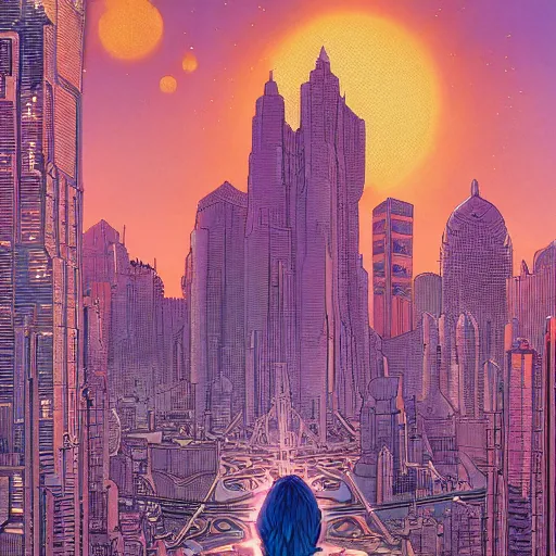 Prompt: heaven city art by jean giraud, moebius, don lawrence and alex ross and john romita jr, smooth focus, sharp details, detailed details, bokeh, 4 k, fine 5 k details