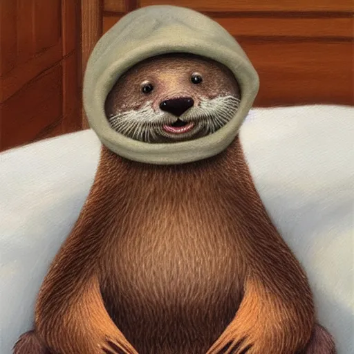 Image similar to an anthropomorphic otter wearing a night cap, in bed, smiling, head resting on a pillow, eyes closed, realistic, very detailed, high quality, masterpiece, oil painting by artgerm, by Ralph Horsley