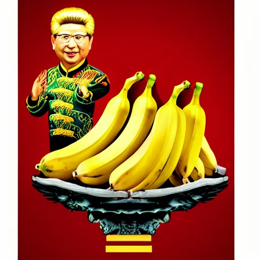 Image similar to Chinese president with bananas, dragon, fight, flaming mountain, painting