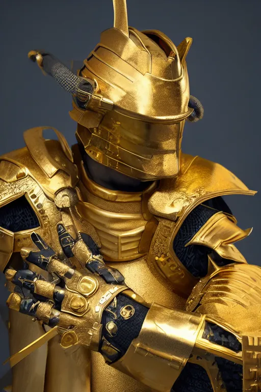 Image similar to hyperrealistic cyberpunk samurai character, gold warrior helmet, gold armour, ultradetailed, volumetric lighting, depth of field, 4k UHD.