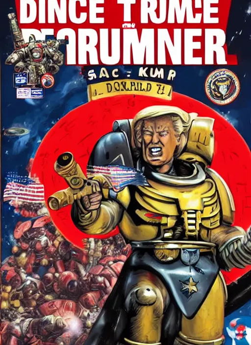 Image similar to comic book cover of donald trump as a space marine from warhammer 4 k, big crowd people are happy and cheering