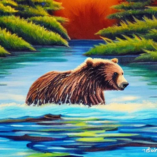 Image similar to grizzly bear cub chilling in a hot tub, calming, nature, painting, bob ross.