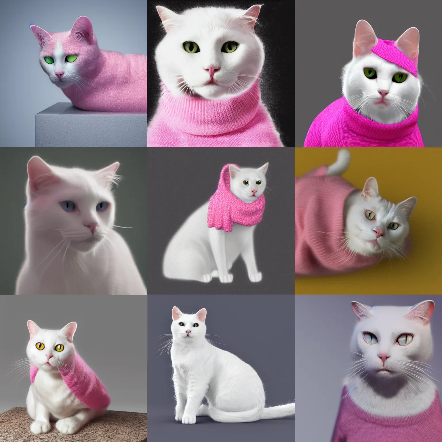 Prompt: white cat wearing a pink sweater photorealistic 8k