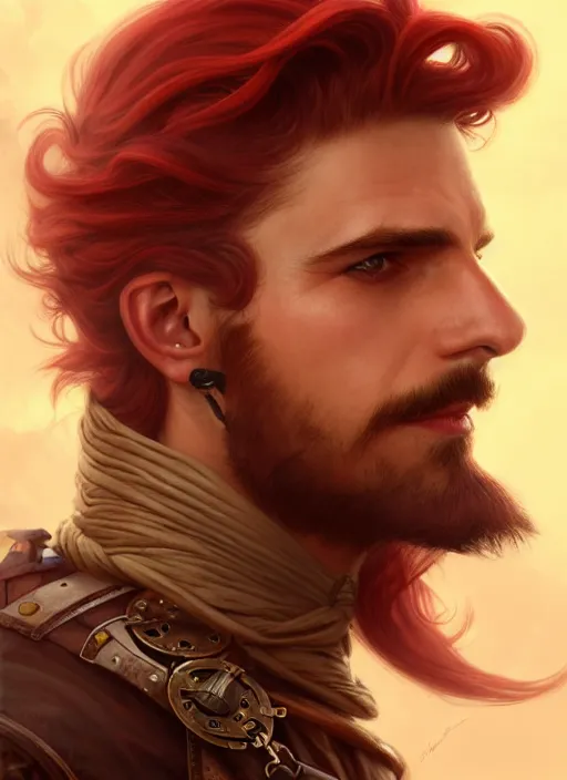 Prompt: 3/4 headshot of male airship pirate, D&D, handsome, fantasy, intricate, long hair, airship, steampunk, red hair, elegant, highly detailed, digital painting, artstation, concept art, smooth, sharp focus, illustration, art by artgerm and greg rutkowski and alphonse mucha