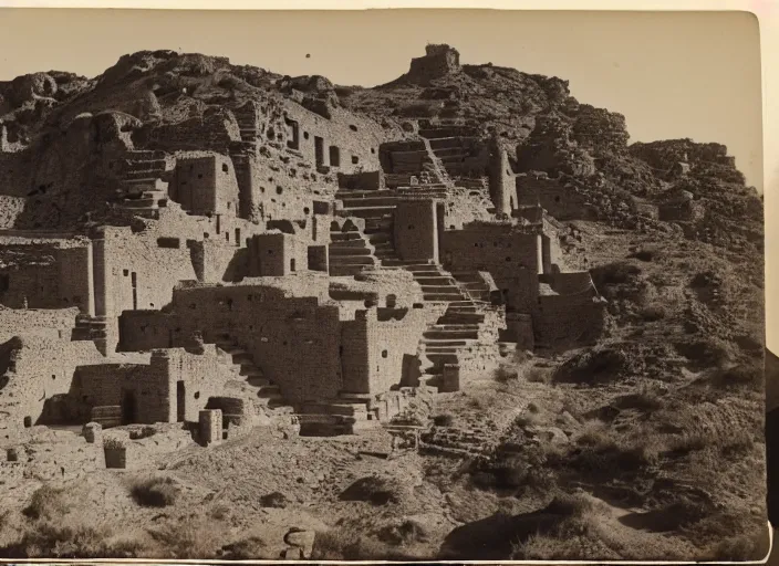 Image similar to Photograph of sprawling pueblo ruins carved out of a cliff face, showing terraced gardens and narrow stairs in lush desert vegetation in the foreground, albumen silver print, Smithsonian American Art Museum