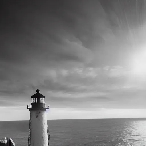 Image similar to Live Action Still of Jerma985 in a film as a Lighthouse Keeper with an overcoat, hat, and beard, black and white, hyperrealistic, ultra realistic, realistic, highly detailed, epic, HD quality, 8k resolution, body and headshot, film still