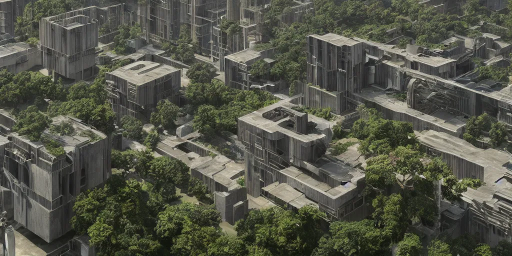 Image similar to brutalist architecture with perfect straight edges, abandoned streetscapes surrounded by lush green forest, aerial view, stunning volumetric lighting, sunset, rusted steel, smooth solid concrete, stunning skies, trending on Artstation, 8k, photorealistic, hyper detailed, unreal engine 5, IMAX quality, cinematic, epic lighting, in the style of the game DOOM, by Greg Rutkowski