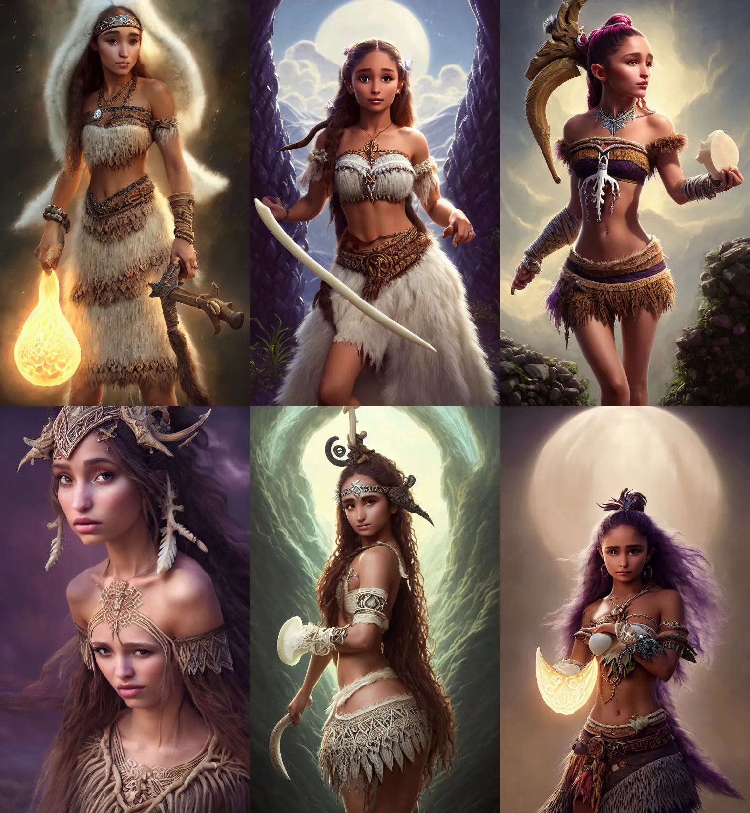 Prompt: ultrarealistic fantasy portrait mage moana ariana grande fighting, long ivory hair white eyes wearing ivory carved bone mantle gothic ivory bone cloak with intricate details, bone plants, fantasy character octane render, substance painter, cinematic lighting, volumetric lighting, artstation, dnd art, cgsociety, sharp focus, digital painting by artgerm, gerald brom, wlop