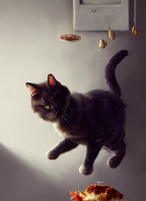 Image similar to a whimsical portrait of a cat stealing food ; by greg rutkowski, sung choi, mitchell mohrhauser, maciej kuciara, johnson ting, maxim verehin, peter konig, final fantasy, marco lense, hd, high detail, atmospheric, trending on artstation