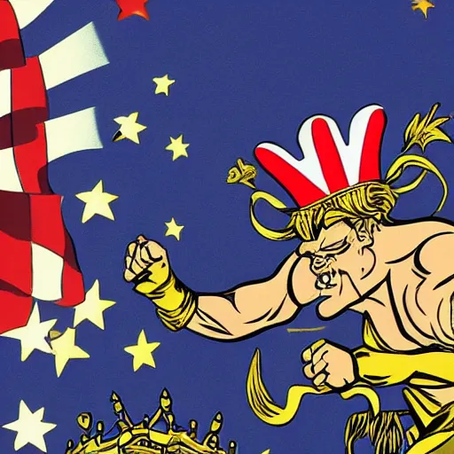 Image similar to a muscular pig wearing a gold crown fighting uncle sam in a city