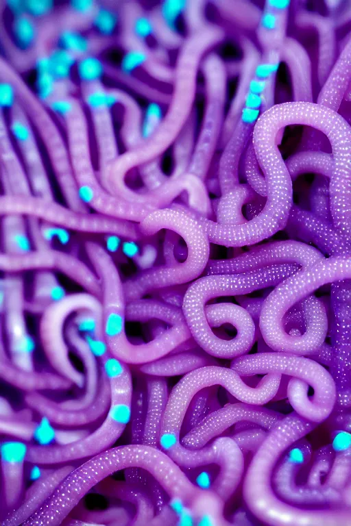 Prompt: high quality close-up photo translucent biomechanic worms! gorgeous purple dots highly detailed hannah yata elson peter cinematic turquoise lighting high quality low angle hd 8k sharp shallow depth of field