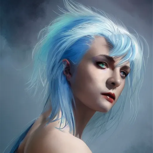 Prompt: epic portrait an punk woman with blue hair and a white tank top, beauty, pretty face, glossy skin, digital painting, artstation, concept art, soft light, hdri, smooth, sharp focus, illustration, fantasy, intricate, elegant, highly detailed, D&D, matte painting, in the style of Greg Rutkowski and Alphonse Mucha and artemisia, 8k, highly detailed, jurgens, rutkowski, bouguereau, pastoral, rustic, georgic, detailed concept art, illustration, colorful pastel, painting, detail, ultra detailed, digital art, 4K,