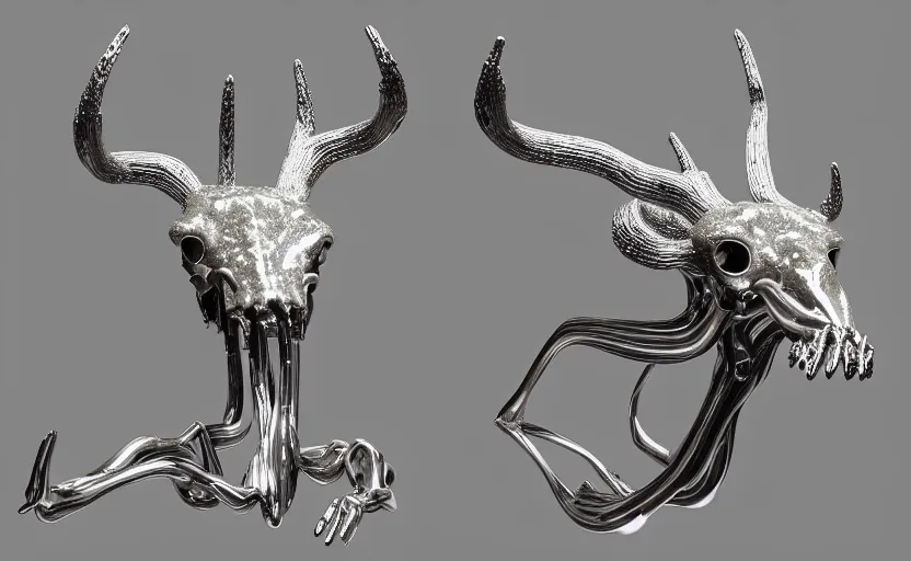 Prompt: stylized shiny polished silver statue full body extra limbs bizarre cosmic horror quadruped animal deer skull four legs made of marble of slug creature tendrils, perfect symmetrical body, perfect symmetrical face, hyper realistic, hyper detailed, by johannen voss, by michelangelo, octane render, blender, 8 k, displayed in pure white studio room