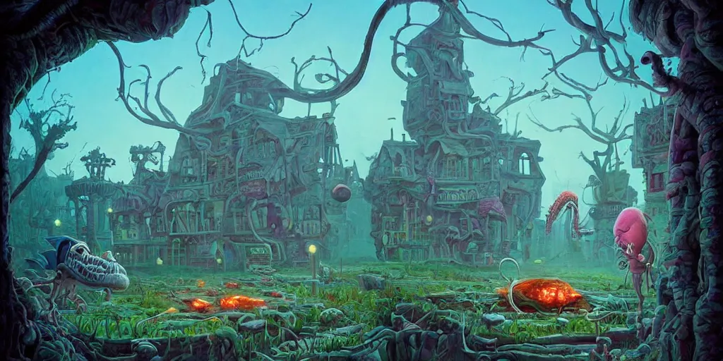 Prompt: a beautiful and highly detailed painting of an aaahh!!! Real Monsters pharmacist in an aaahh!!! Real Monsters apothecary by James Gurney and beeple | Unreal Engine: .4 | establishing shot | graphic novel, illustration: .5 | Tim White: .2