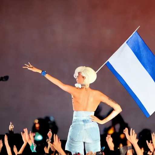 Image similar to Lady Gaga as president, Argentina presidential rally, Argentine flags behind, bokeh, giving a speech, detailed face, Argentina