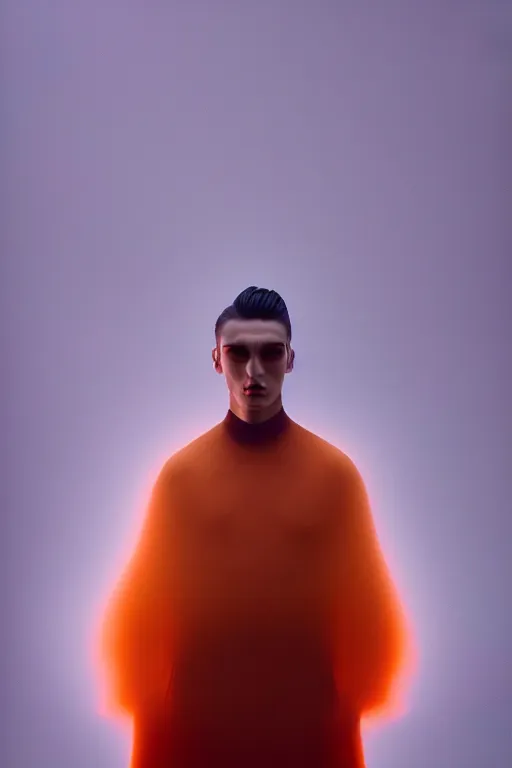 Image similar to a hypermasculine model wearing male haute couture from givenchy, macro photography, long exposure photograph, surrealism, anamorphic bokeh, cozy, soft light, orange and teal, caustic, atmospheric fog, octane render, cinematic