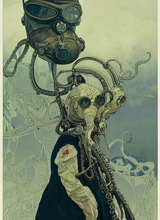 Prompt: a girl wearing octopus gas mask, poster by james jean, greg rutkowski, giger, alphonse mucha, andrew wyeth