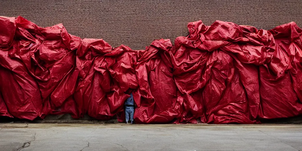 Prompt: photography of a gigantic wall built with red garbage bags, photography by Annie Leibovitz and david lachapelle, photography award winning, rule of thirds, golden ratio, phi